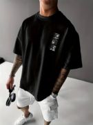 Baskılı Oversize Bisiklet Yaka T-shirt - Siyah resmi